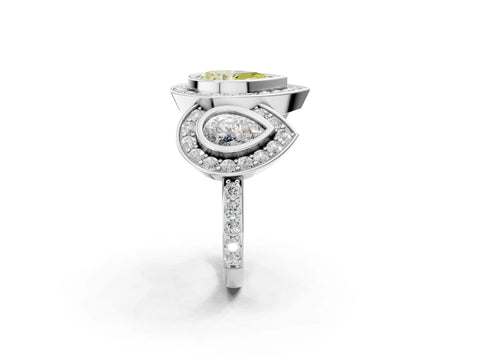 White gold Three-Stone Fancy Yellow Pear Cut Halo Pavé Diamond Ring_2