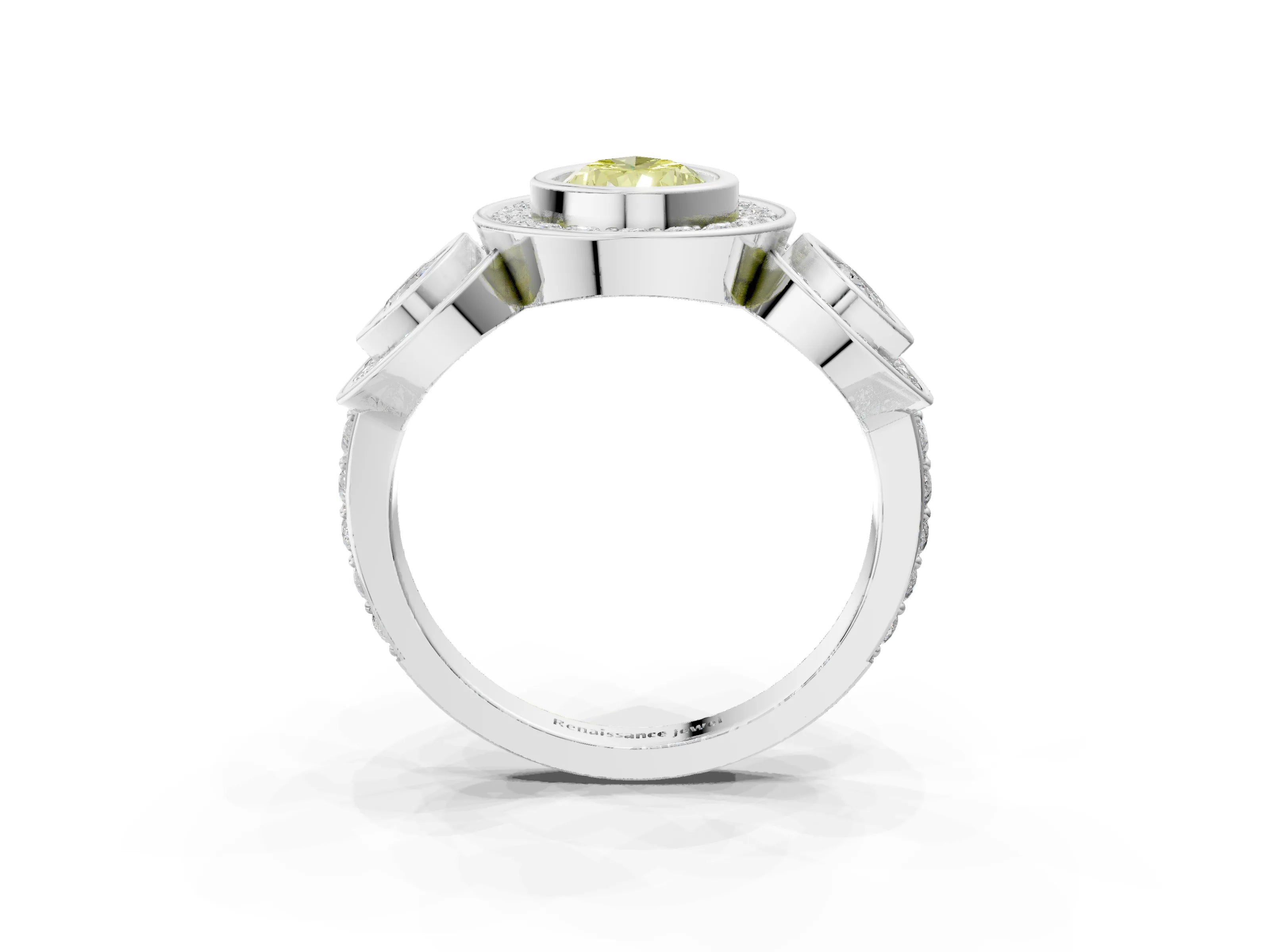 White gold Three-Stone Fancy Yellow Pear Cut Halo Pavé Diamond Ring_3