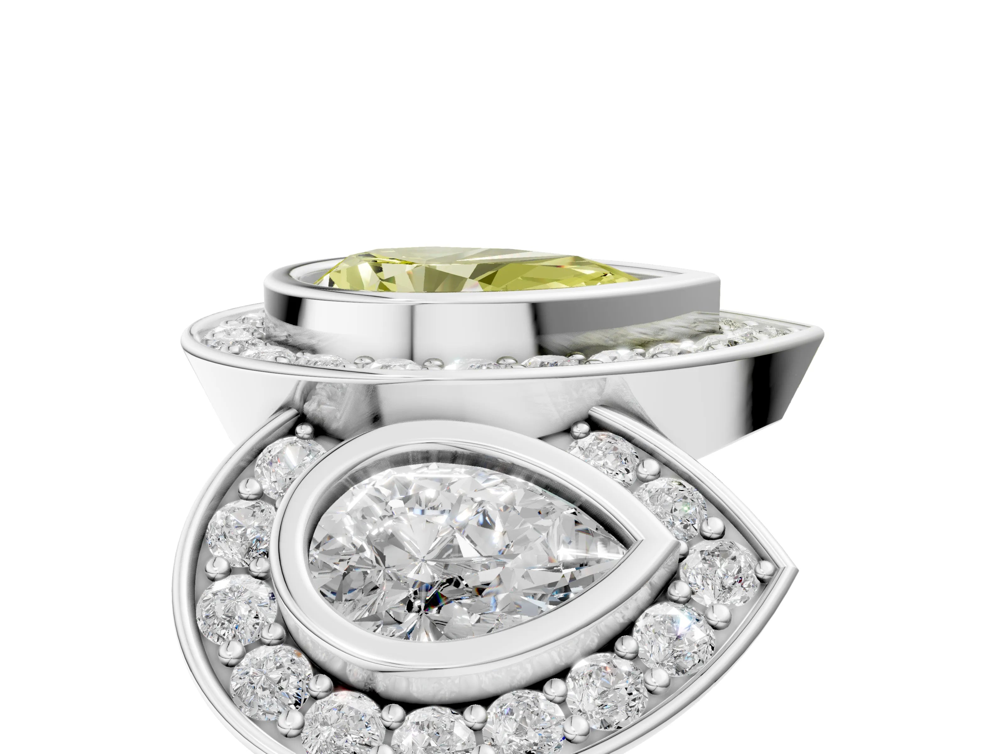 White gold Three-Stone Fancy Yellow Pear Cut Halo Pavé Diamond Ring_5