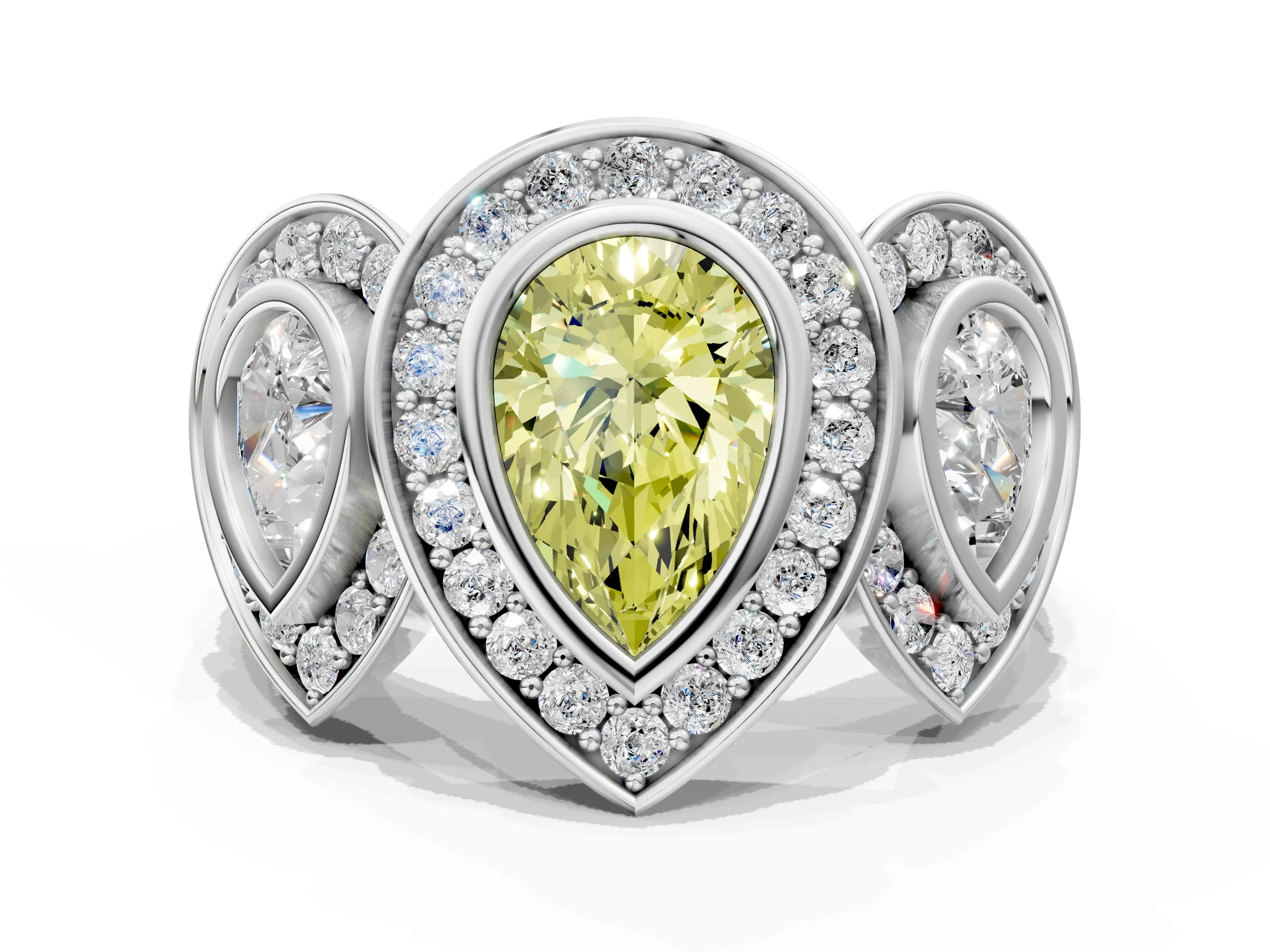 White gold Three-Stone Fancy Yellow Pear Cut Halo Pavé Diamond Ring