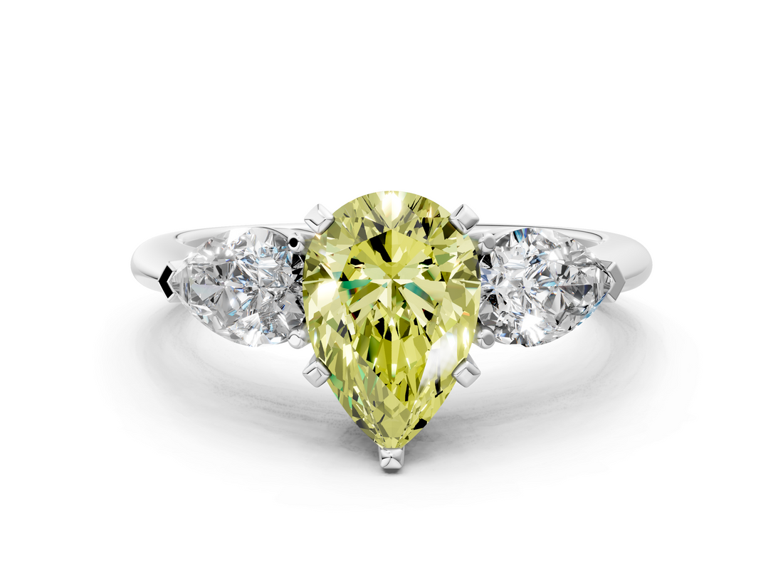 White gold Three-Stone Fancy Yellow Pear  Diamond Ring with Pear Side Stones in Four-Prong Setting_111