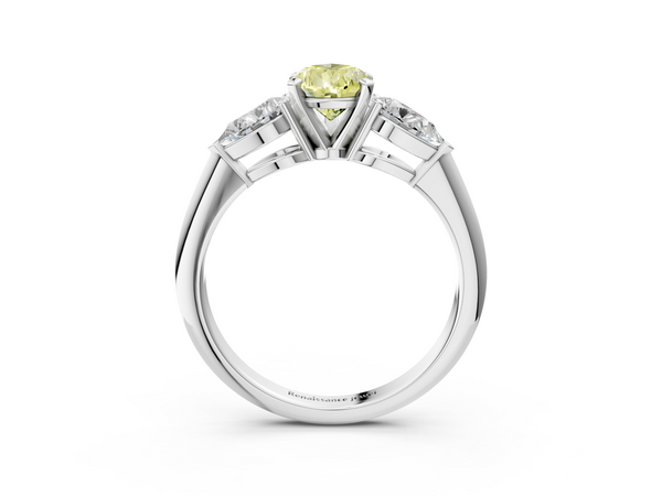 Platinum Three-Stone Fancy Yellow Pear Cut Diamond Ring with Pear Side Stones and Four-Prong Setting