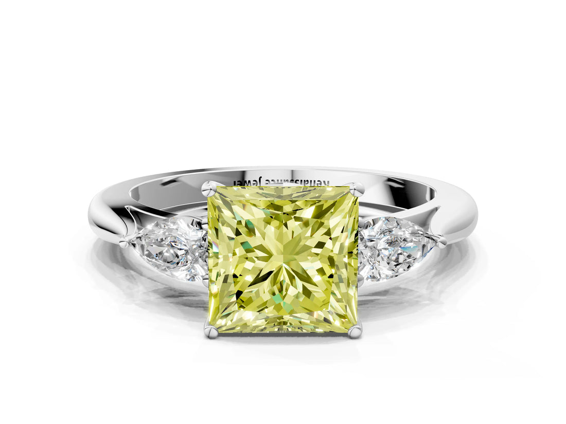 White gold Three-Stone Fancy Yellow Princess Cut Brilliant Diamond Solitaire Ring with Tapered Band and Four-Prong Setting_31