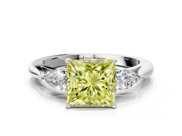 White gold Three-Stone Fancy Yellow Princess Cut Brilliant Diamond Solitaire Ring with Tapered Band and Four-Prong Setting