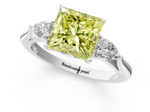 White gold Three-Stone Fancy Yellow Princess Cut Brilliant Diamond Solitaire Ring with Tapered Band and Four-Prong Setting