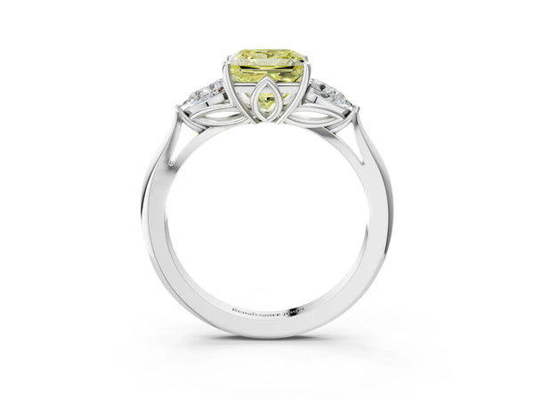 White gold Three-Stone Fancy Yellow Princess Cut Brilliant Diamond Solitaire Ring with Tapered Band and Four-Prong Setting