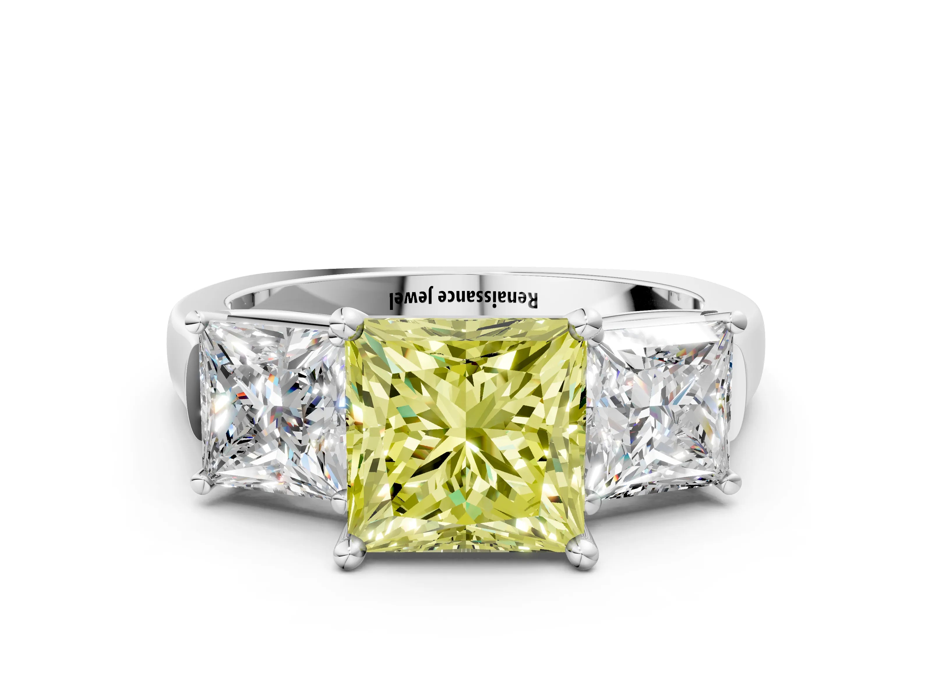 White gold Three-Stone Fancy Yellow Princess Cut Brilliant Diamond Trellis Ring with Comfort Fit Band_12