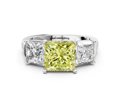 White gold Three-Stone Fancy Yellow Princess Cut Brilliant Diamond Trellis Ring with Comfort Fit Band_12