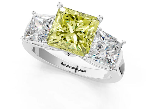 White gold Three-Stone Fancy Yellow Princess Cut Brilliant Diamond Trellis Ring with Comfort Fit Band_13