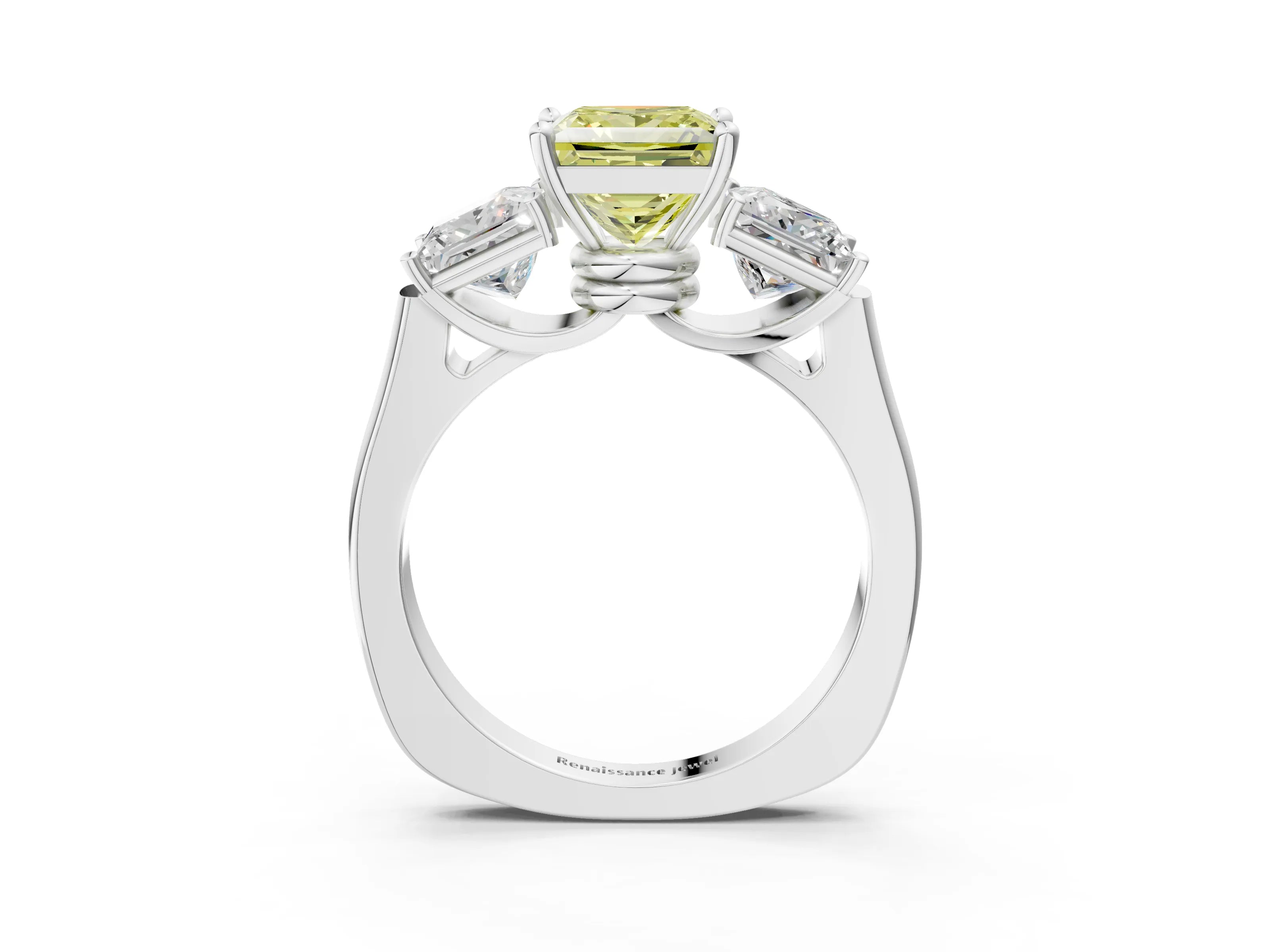 White gold Three-Stone Fancy Yellow Princess Cut Brilliant Diamond Trellis Ring with Comfort Fit Band_15