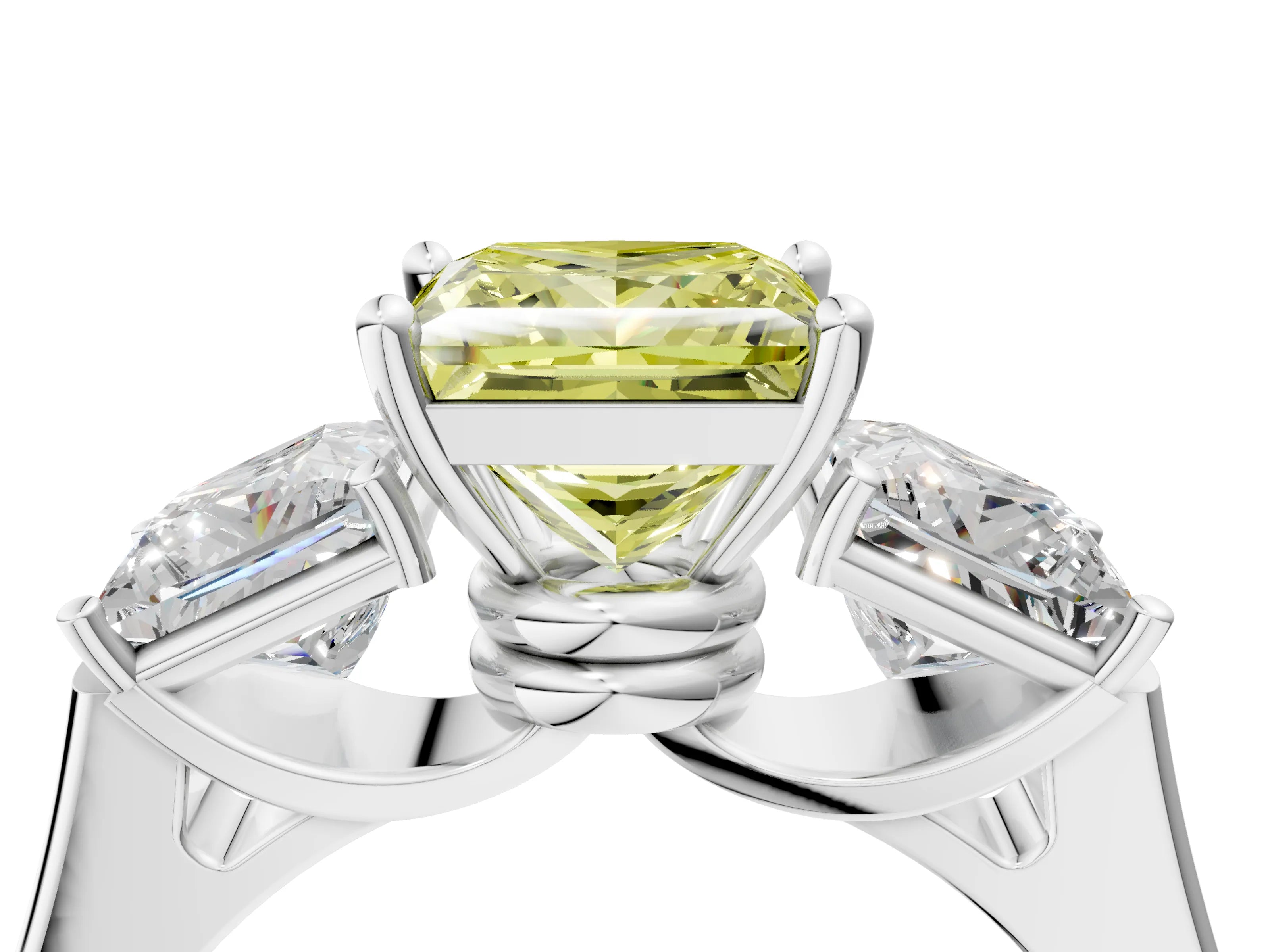 White gold Three-Stone Fancy Yellow Princess Cut Brilliant Diamond Trellis Ring with Comfort Fit Band_16