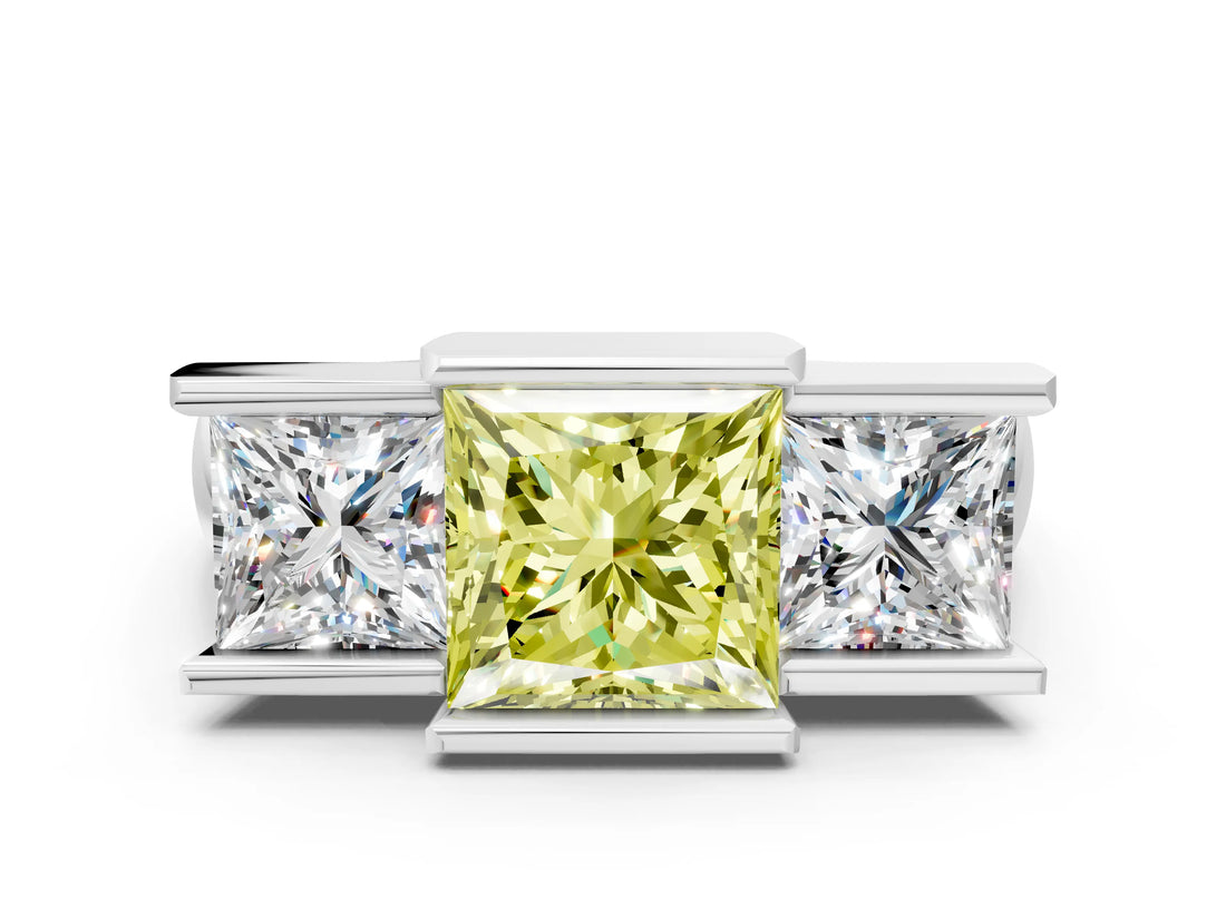 White gold Three Stone Fancy Yellow Princess Cut Cut Channel Set Diamond Ring_36