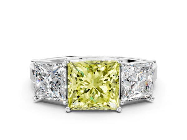 Platinum Three-Stone Fancy Yellow Princess Cut Cut Diamond Engagement Ring with Flat Band and Four-Prong Setting