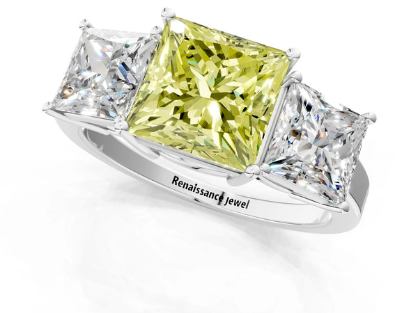 Platinum Three-Stone Fancy Yellow Princess Cut Cut Diamond Engagement Ring with Flat Band and Four-Prong Setting