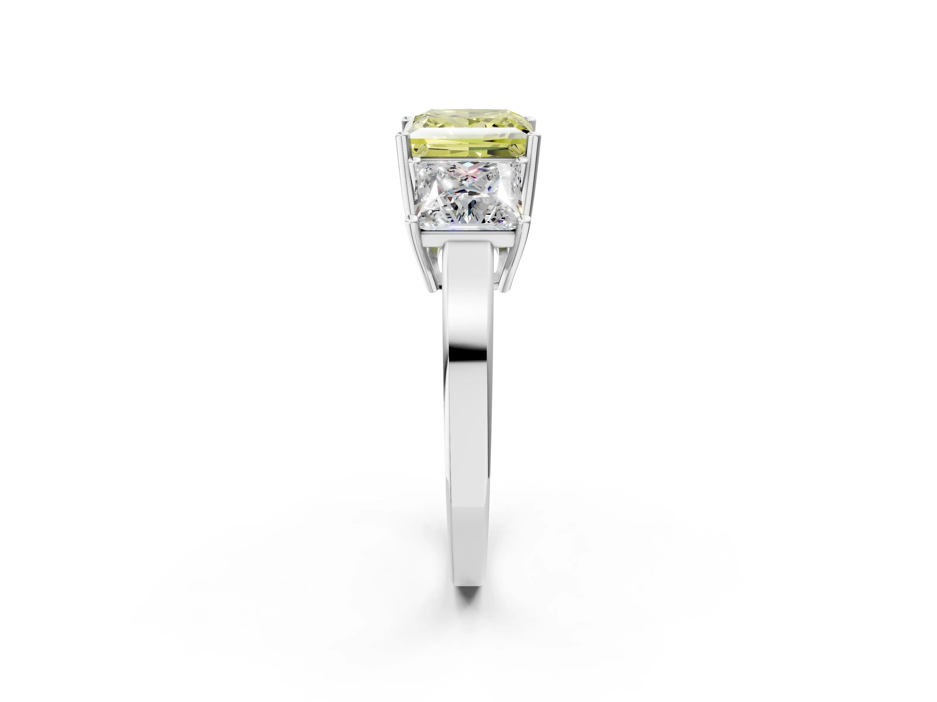 White gold Three-Stone Fancy Yellow Princess Cut Cut Diamond Engagement Ring with Flat Band and Four-Prong Setting_14