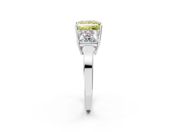Platinum Three-Stone Fancy Yellow Princess Cut Cut Diamond Engagement Ring with Flat Band and Four-Prong Setting