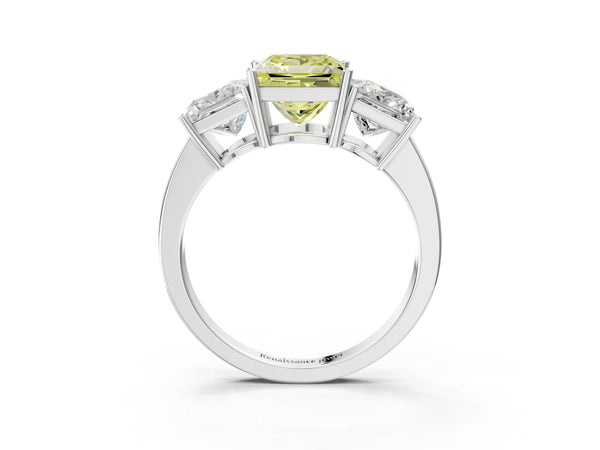 Platinum Three-Stone Fancy Yellow Princess Cut Cut Diamond Engagement Ring with Flat Band and Four-Prong Setting