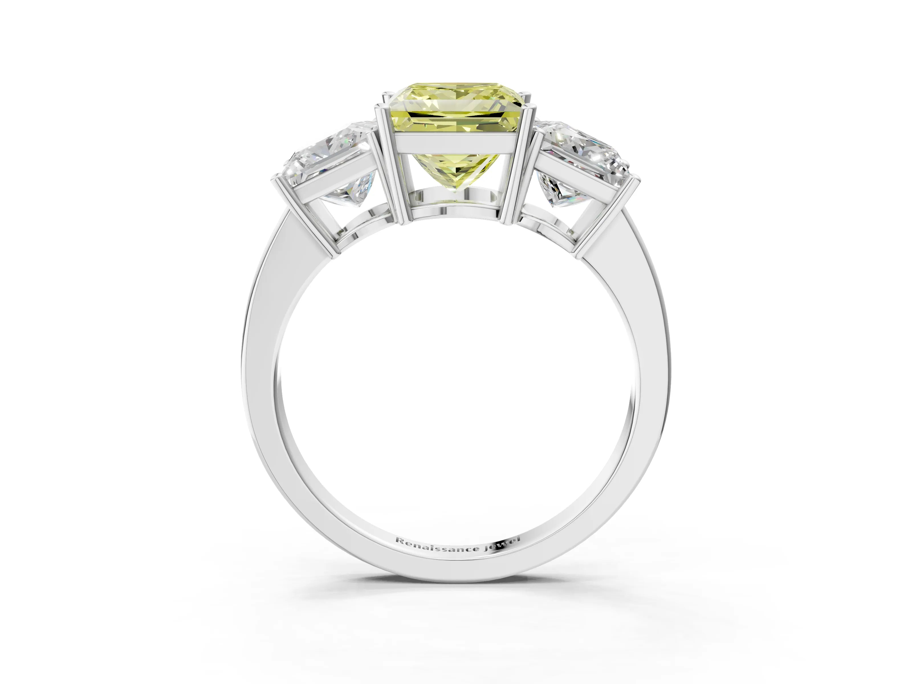 White gold Three-Stone Fancy Yellow Princess Cut Cut Diamond Engagement Ring with Flat Band and Four-Prong Setting_15