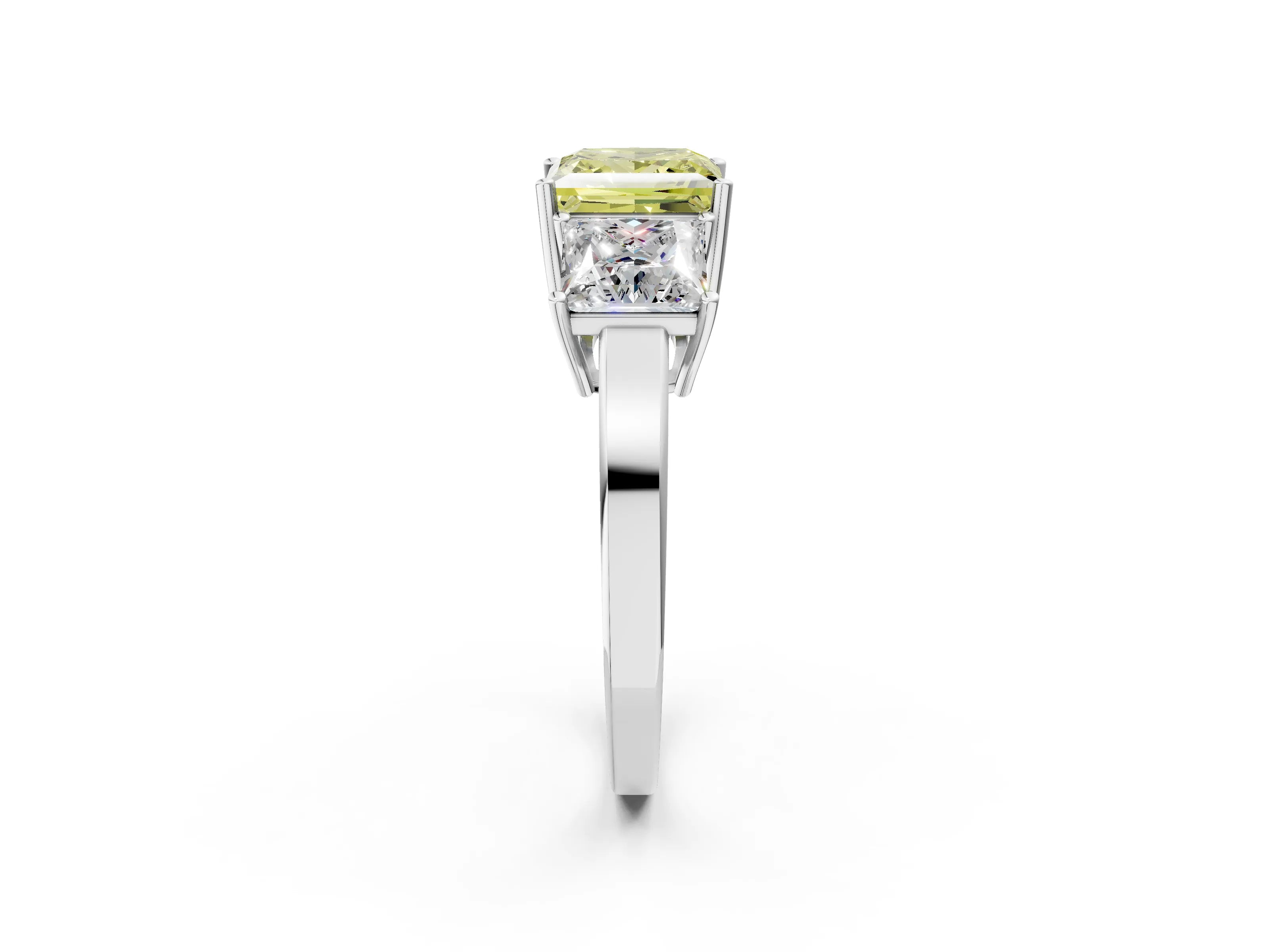 White gold Three-Stone Fancy Yellow Princess Cut Cut Diamond Engagement Ring with Flat Band and Four-Prong Setting_2