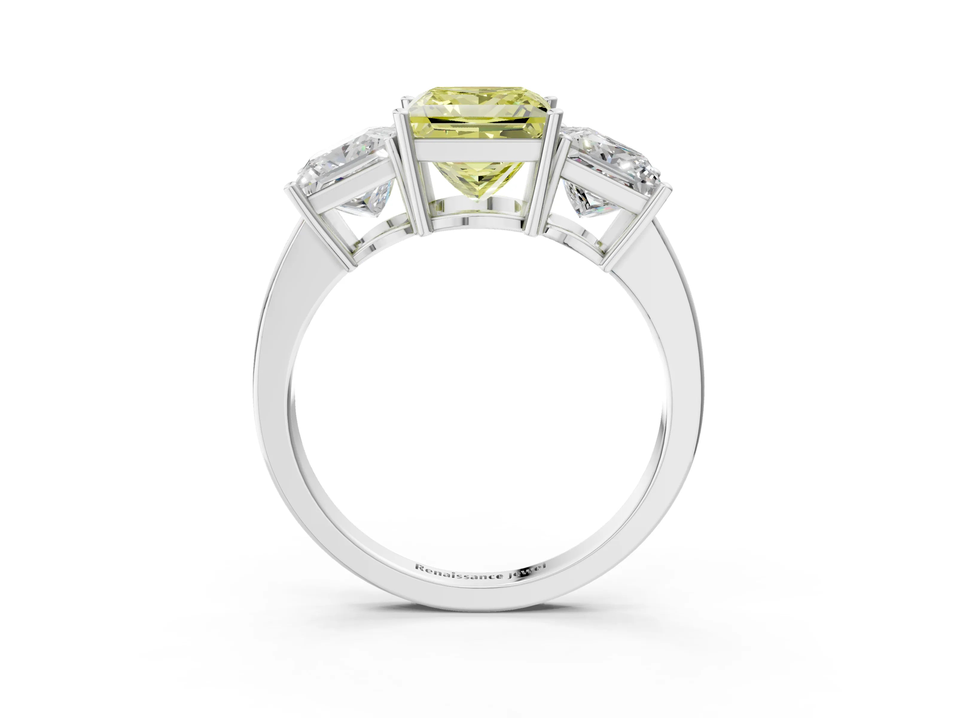 White gold Three-Stone Fancy Yellow Princess Cut Cut Diamond Engagement Ring with Flat Band and Four-Prong Setting_3