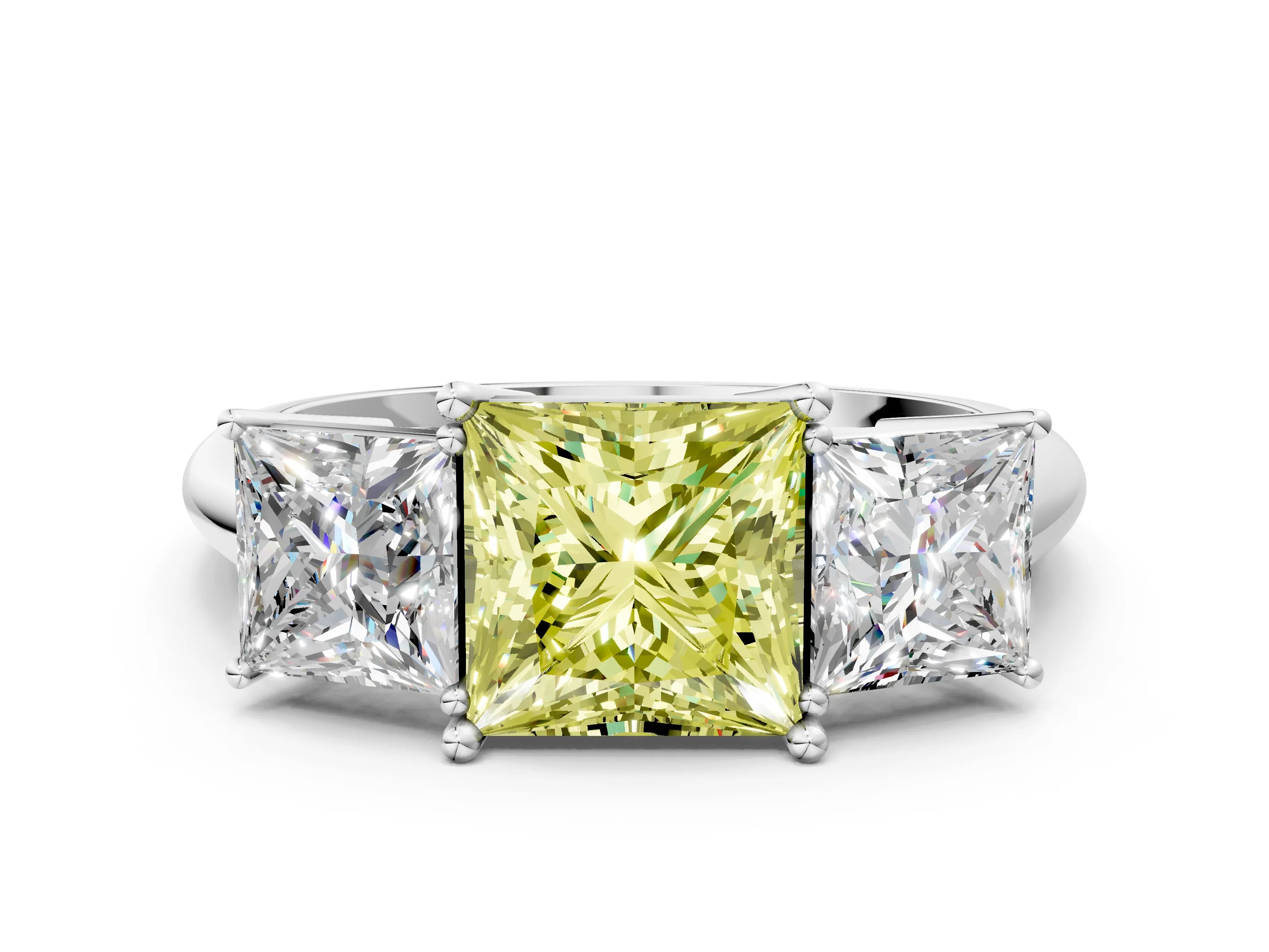 White gold Three-Stone Fancy Yellow Princess Cut Cut Diamond Engagement Ring with Prong Setting on a White Gold Band_12