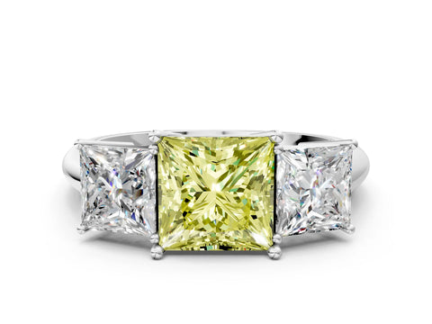 White gold Three-Stone Fancy Yellow Princess Cut Cut Diamond Engagement Ring with Prong Setting on a White Gold Band_12