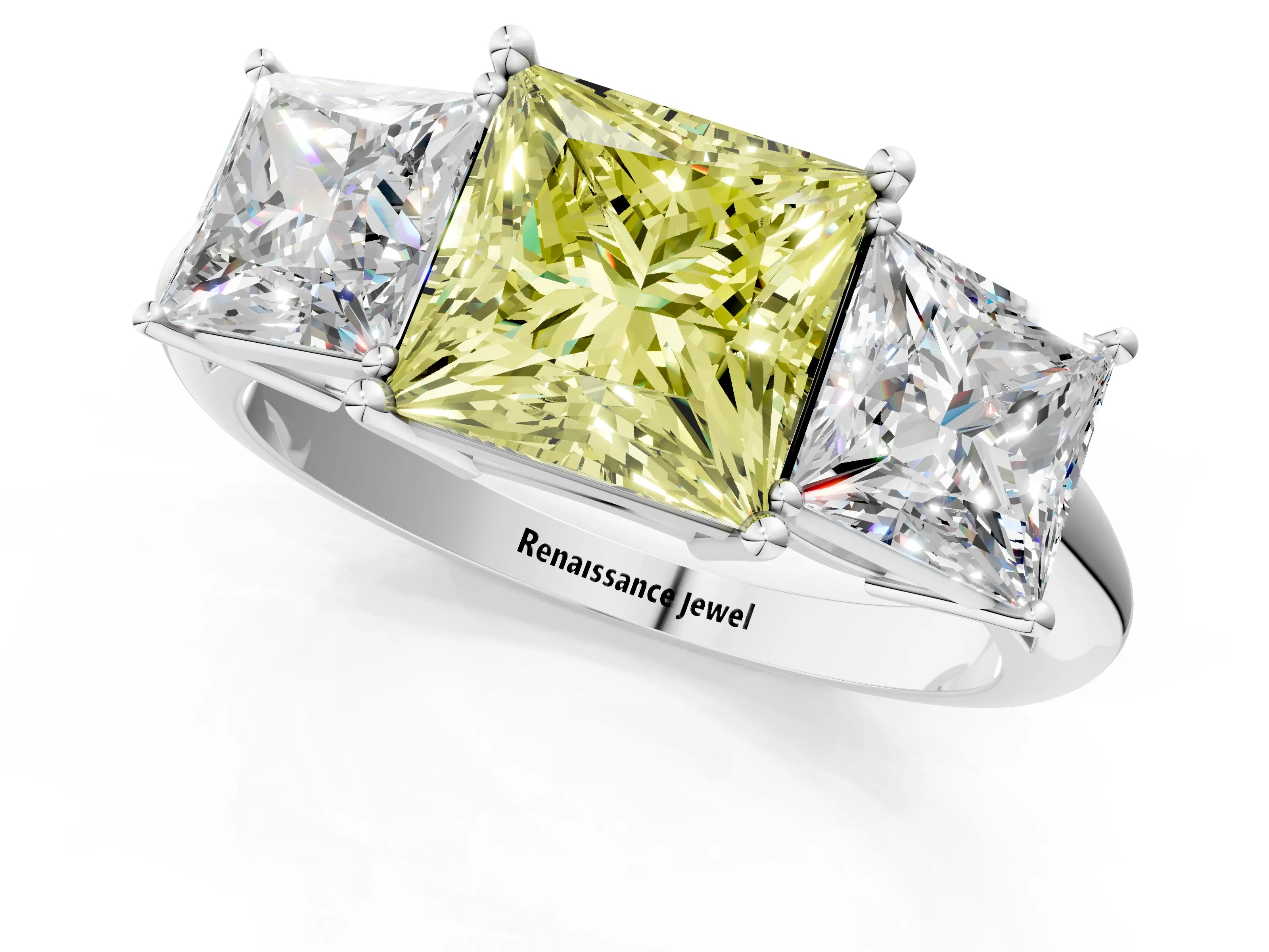 White gold Three-Stone Fancy Yellow Princess Cut Cut Diamond Engagement Ring with Prong Setting on a White Gold Band_13
