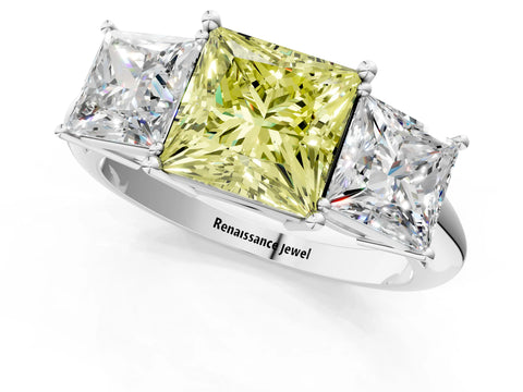 White gold Three-Stone Fancy Yellow Princess Cut Cut Diamond Engagement Ring with Prong Setting on a White Gold Band_13