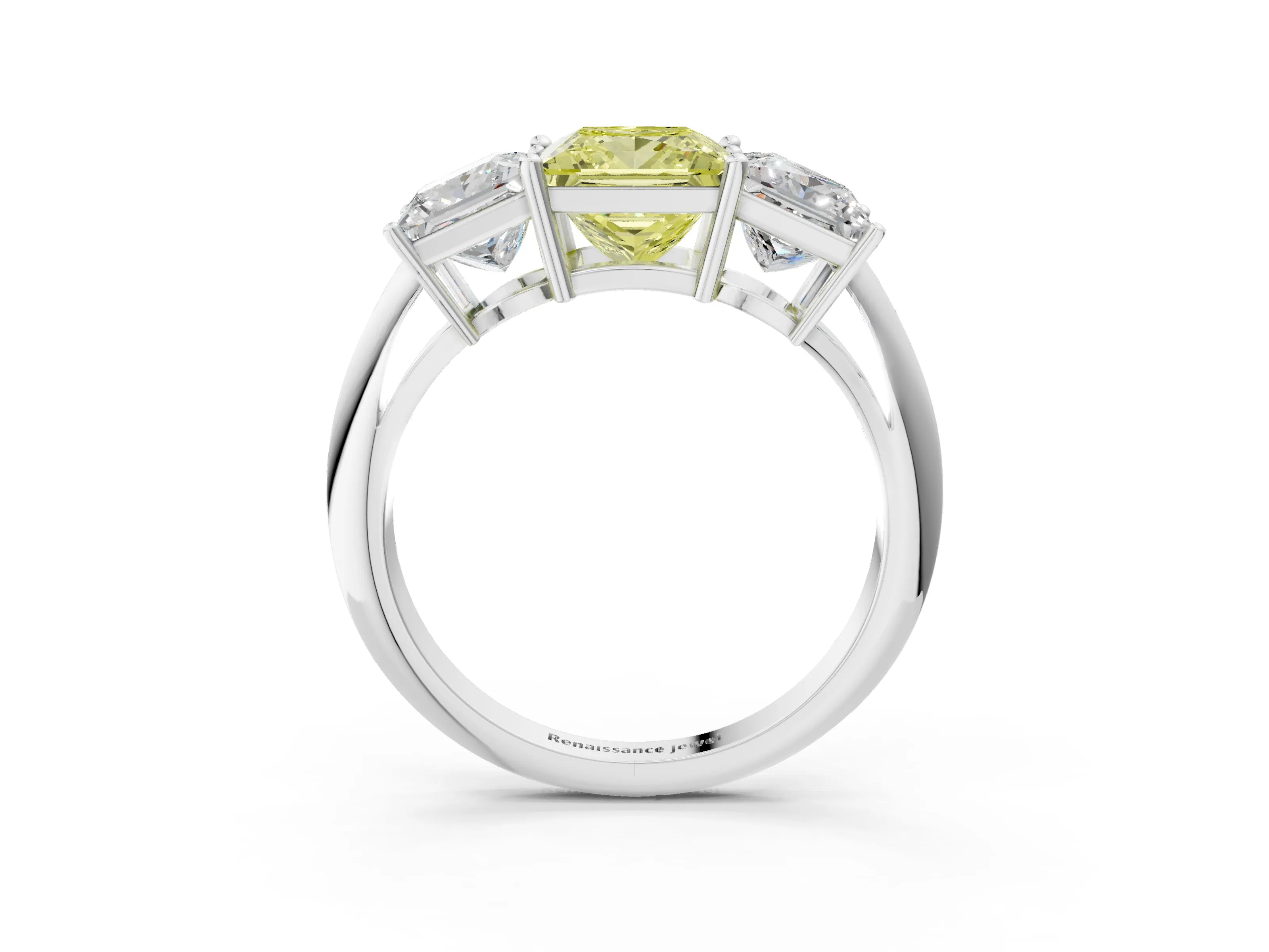 White gold Three-Stone Fancy Yellow Princess Cut Cut Diamond Engagement Ring with Prong Setting on a White Gold Band_15