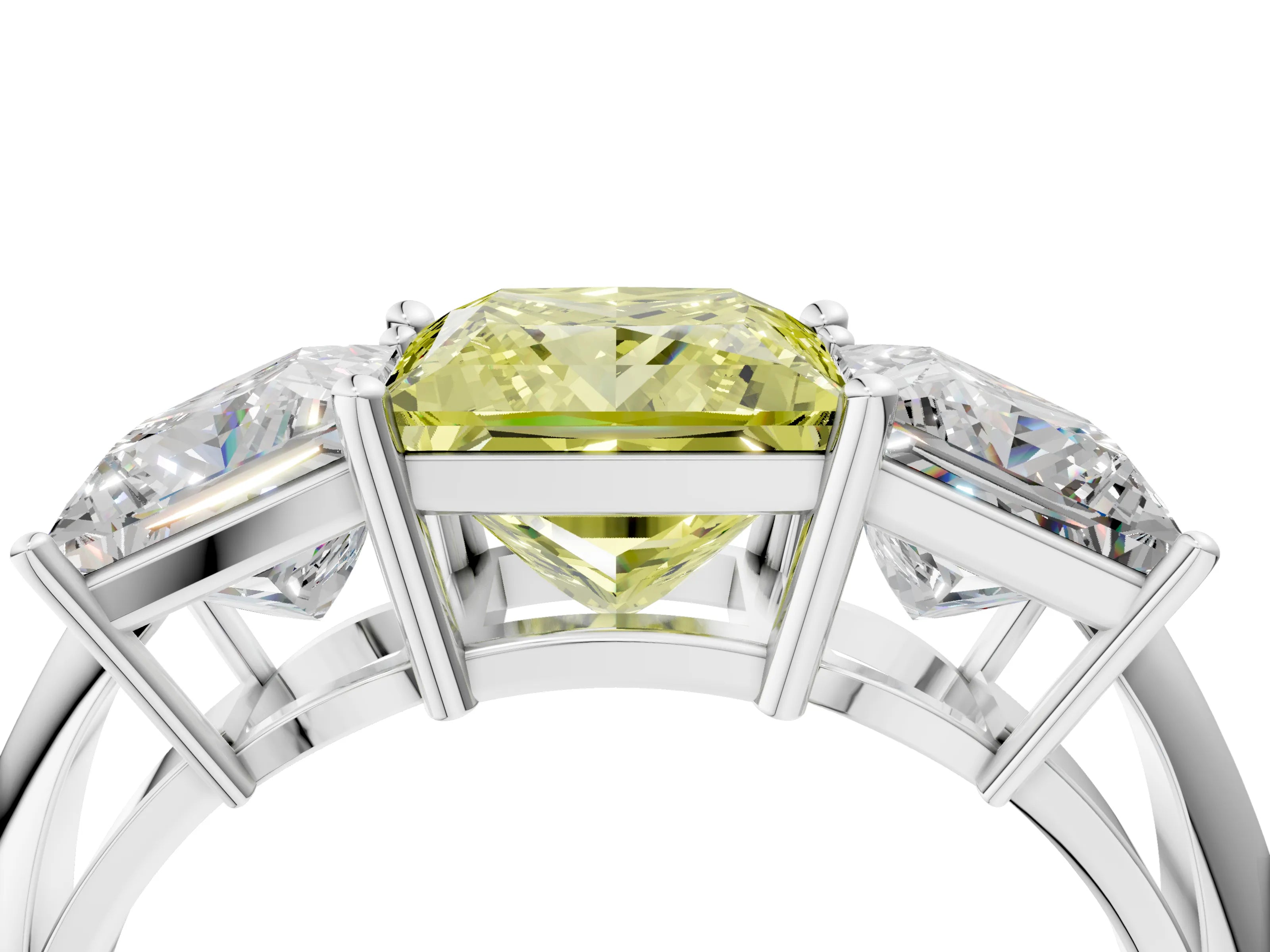 White gold Three-Stone Fancy Yellow Princess Cut Cut Diamond Engagement Ring with Prong Setting on a White Gold Band_16