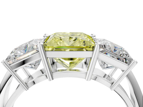 White gold Three-Stone Fancy Yellow Princess Cut Cut Diamond Engagement Ring with Prong Setting on a White Gold Band_16