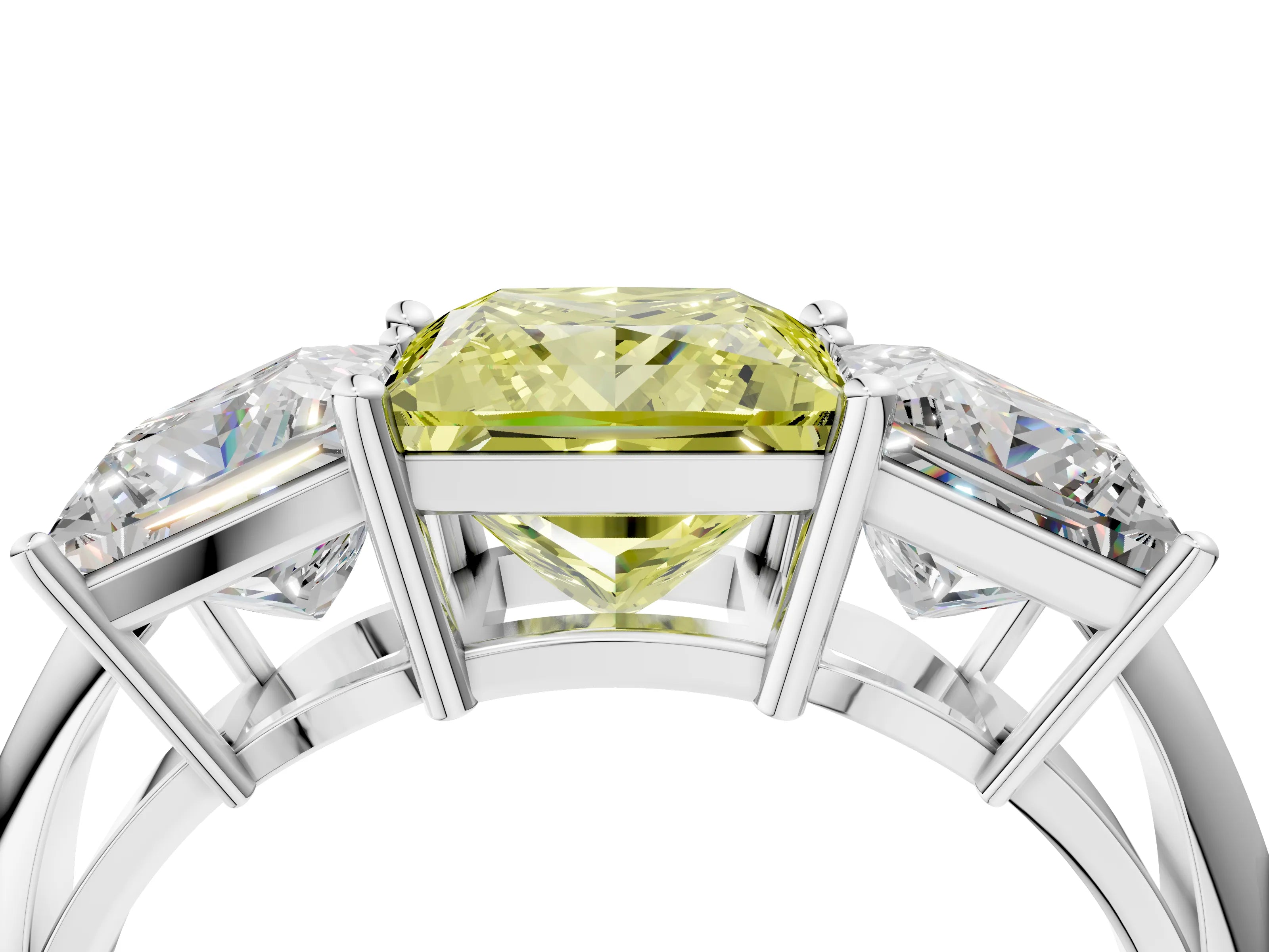 White gold Three-Stone Fancy Yellow Princess Cut Cut Diamond Engagement Ring with Prong Setting on a White Gold Band_28