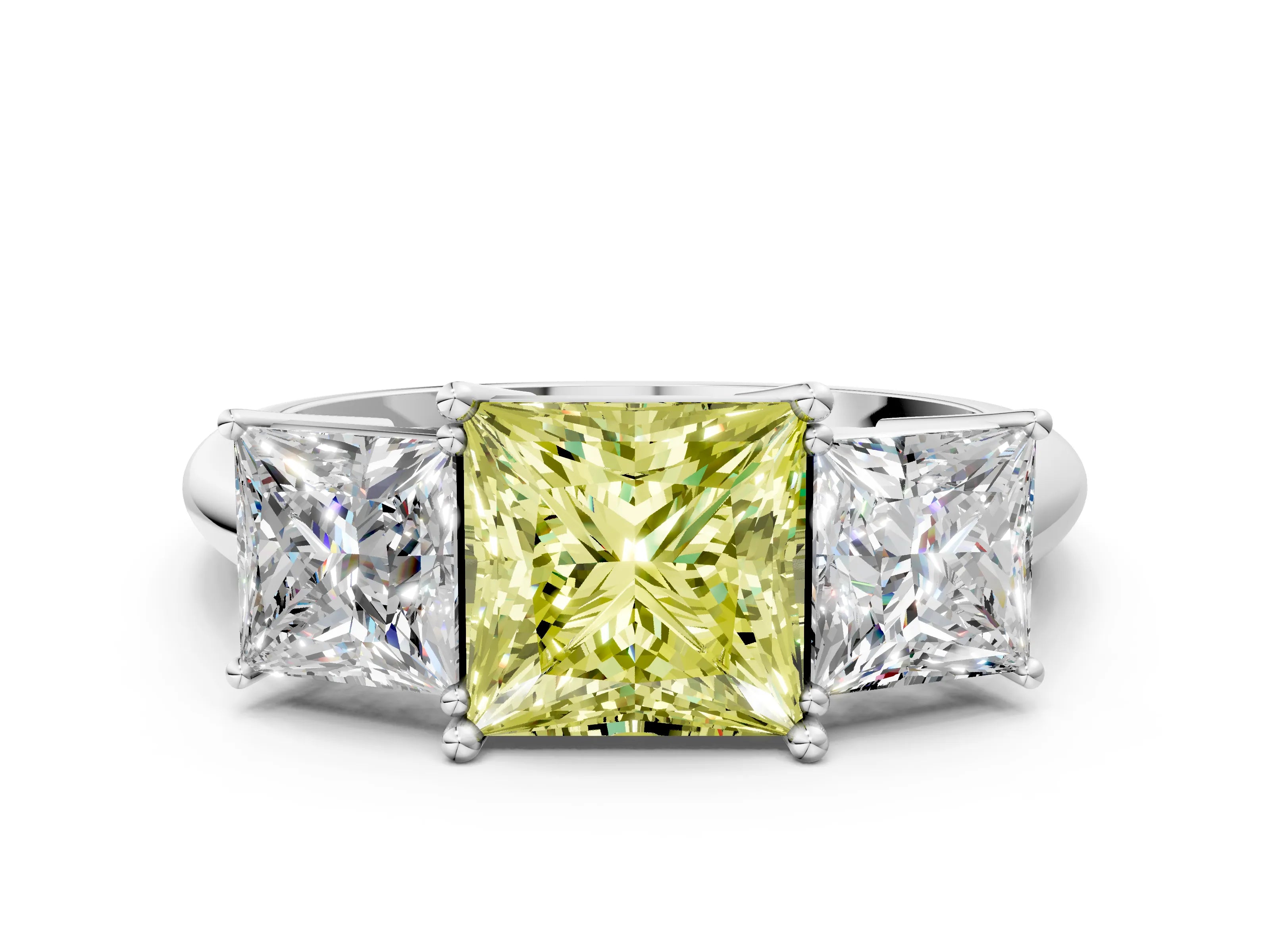 White gold Three-Stone Fancy Yellow Princess Cut Cut Diamond Engagement Ring with Prong Setting on a White Gold Band_36