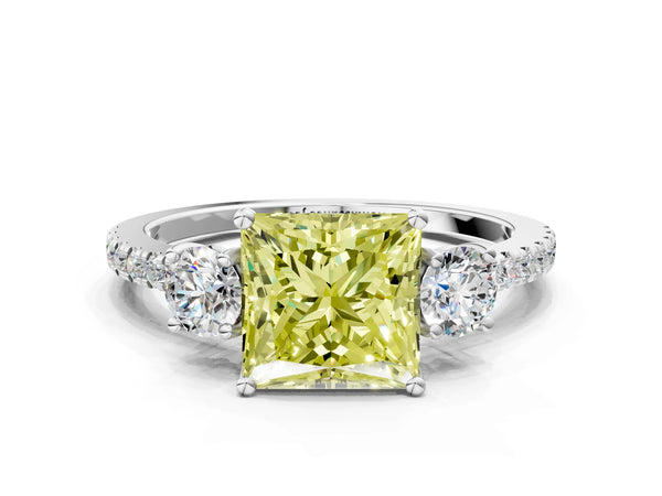 Platinum Three-Stone Fancy Yellow Princess Cut Cut Diamond Pavé Band with Prong Setting