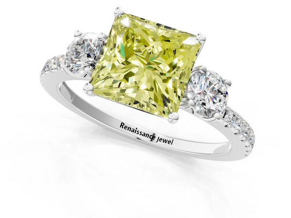 Platinum Three-Stone Fancy Yellow Princess Cut Cut Diamond Pavé Band with Prong Setting