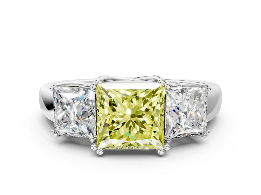 White gold Three-Stone Fancy Yellow Princess Cut Cut Diamond Ring with Channel Set Band and Four-Prong Setting_12
