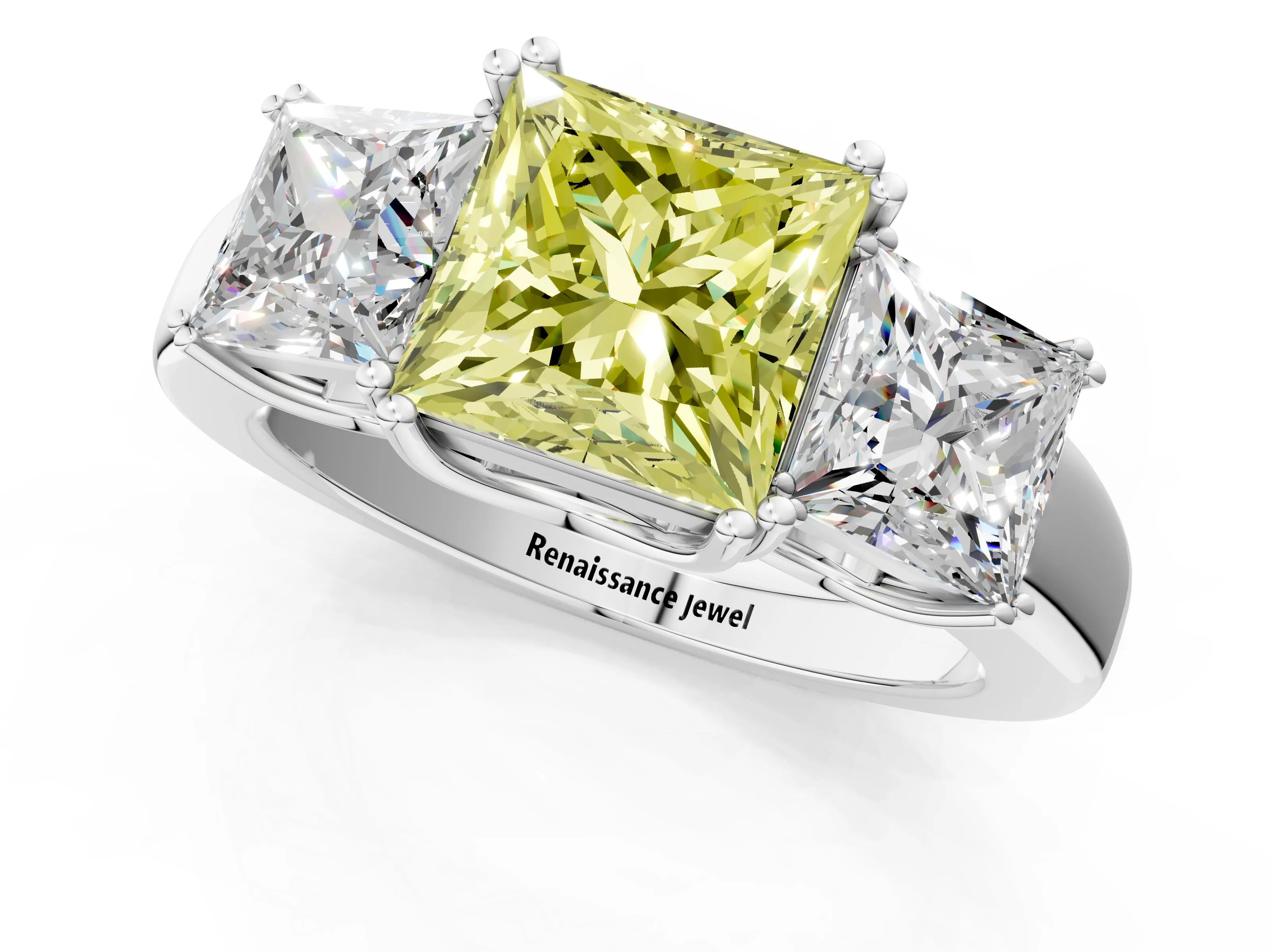 White gold Three-Stone Fancy Yellow Princess Cut Cut Diamond Ring with Channel Set Band and Four-Prong Setting_1