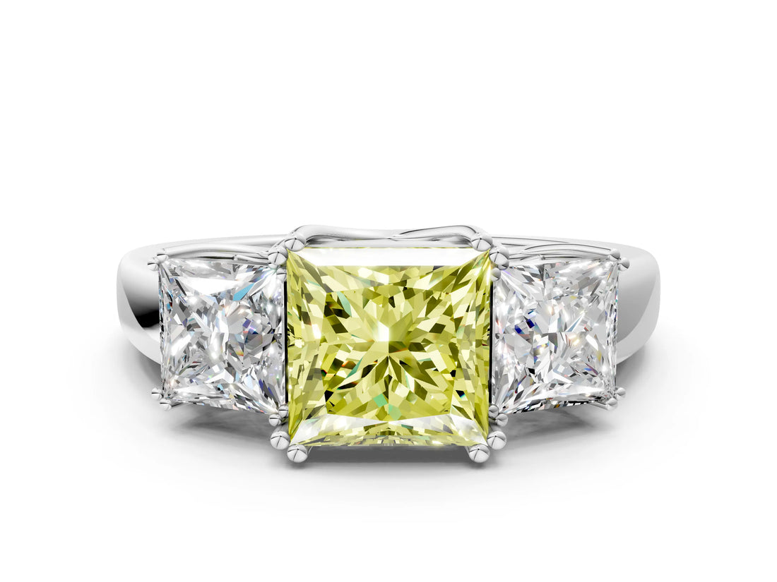 White gold Three-Stone Fancy Yellow Princess Cut Cut Diamond Ring with Channel Set Band and Four-Prong Setting_36