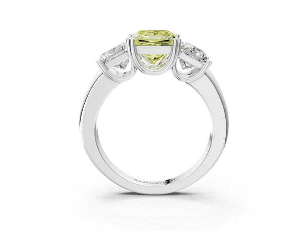White gold Three-Stone Fancy Yellow Princess Cut Cut Diamond Ring with Channel Set Band and Four-Prong Setting