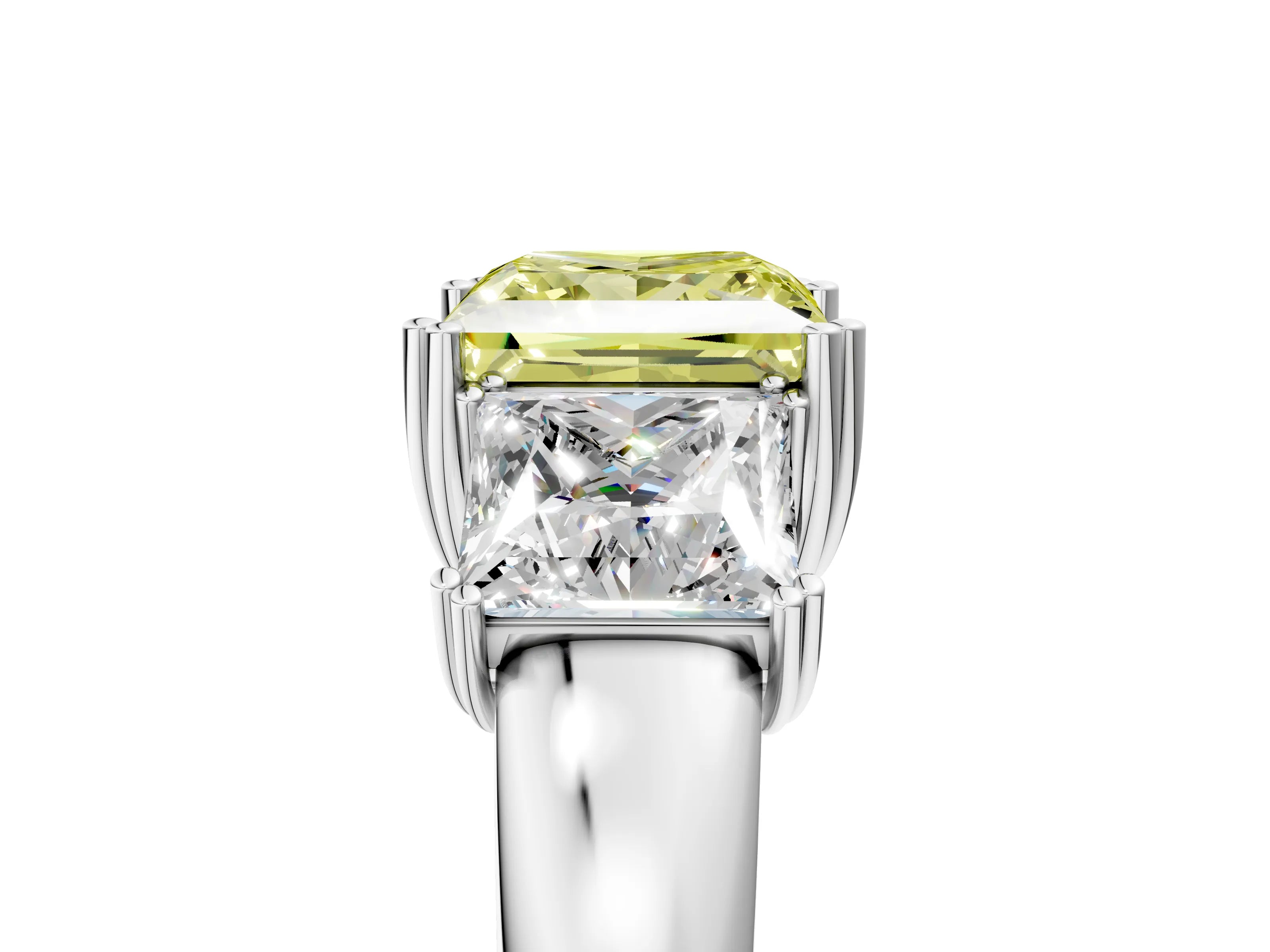 White gold Three-Stone Fancy Yellow Princess Cut Cut Diamond Ring with Channel Set Band and Four-Prong Setting_5