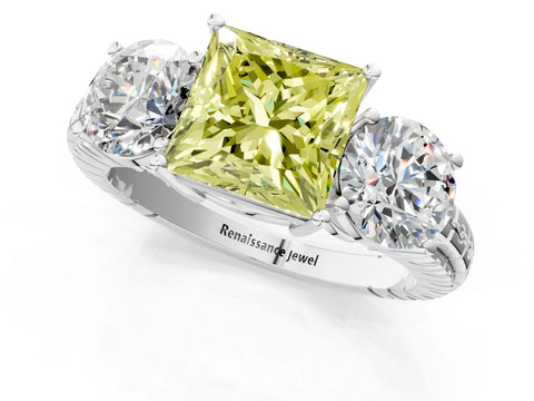 White gold Three-Stone Fancy Yellow Princess Cut Cut Diamond Ring with Channel-Set Band and Prong Setting_1