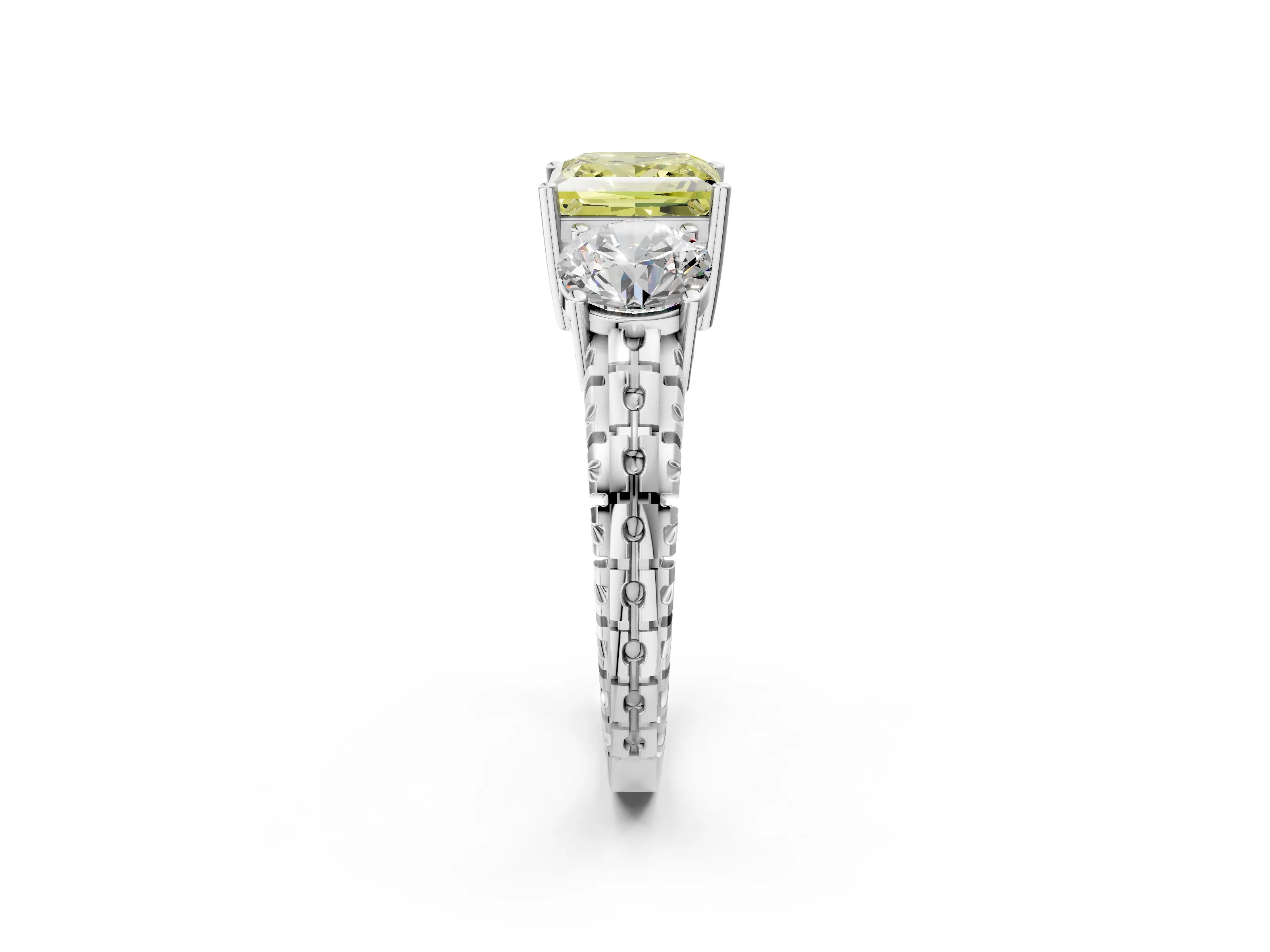 White gold Three-Stone Fancy Yellow Princess Cut Cut Diamond Ring with Channel-Set Band and Prong Setting_2