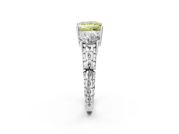 White Gold Princess Cut Three-Stone Engagement Ring Setting for Fancy Yellow Center with Engraved Notched Band