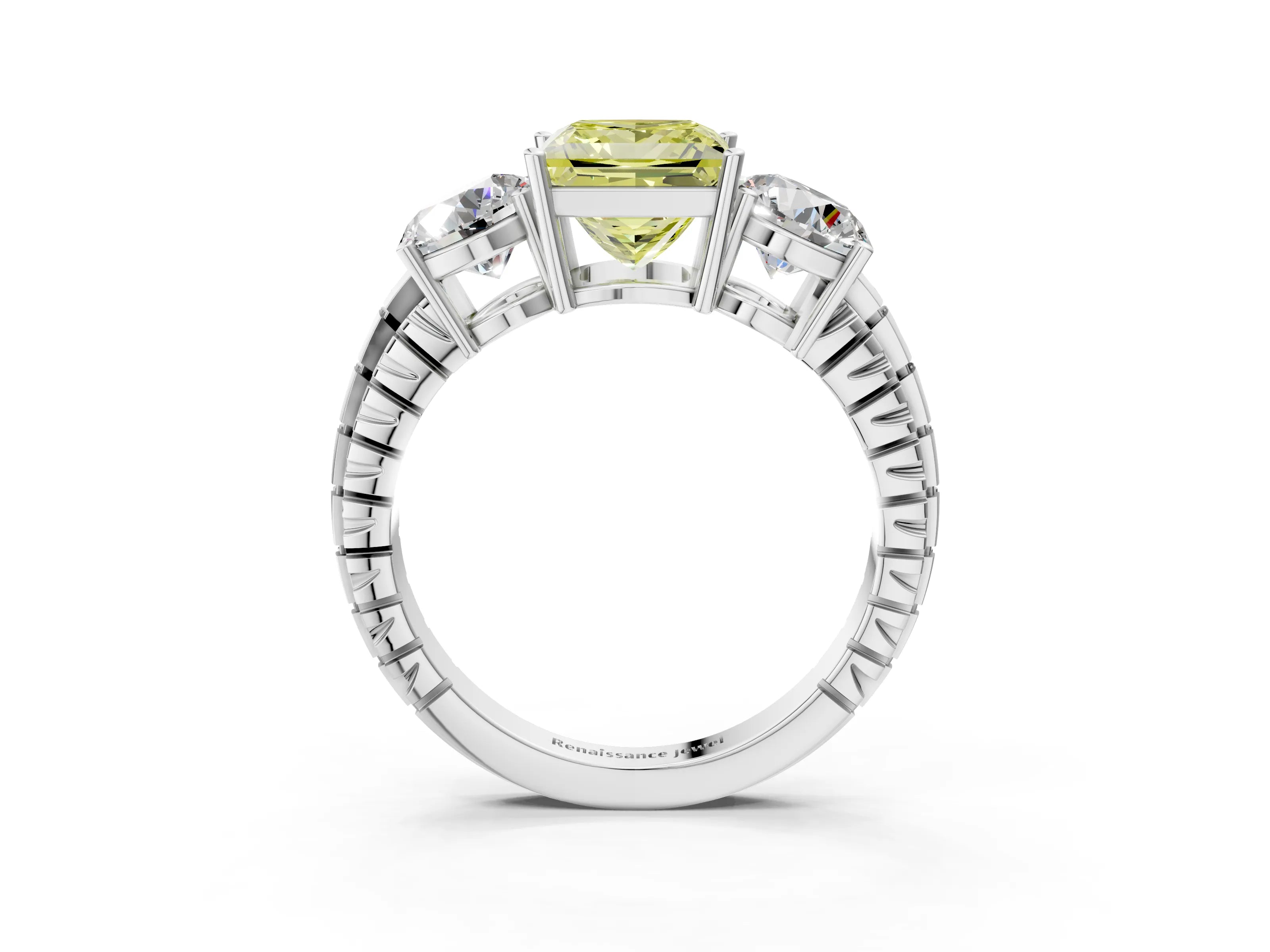White gold Three-Stone Fancy Yellow Princess Cut Cut Diamond Ring with Channel-Set Band and Prong Setting_3