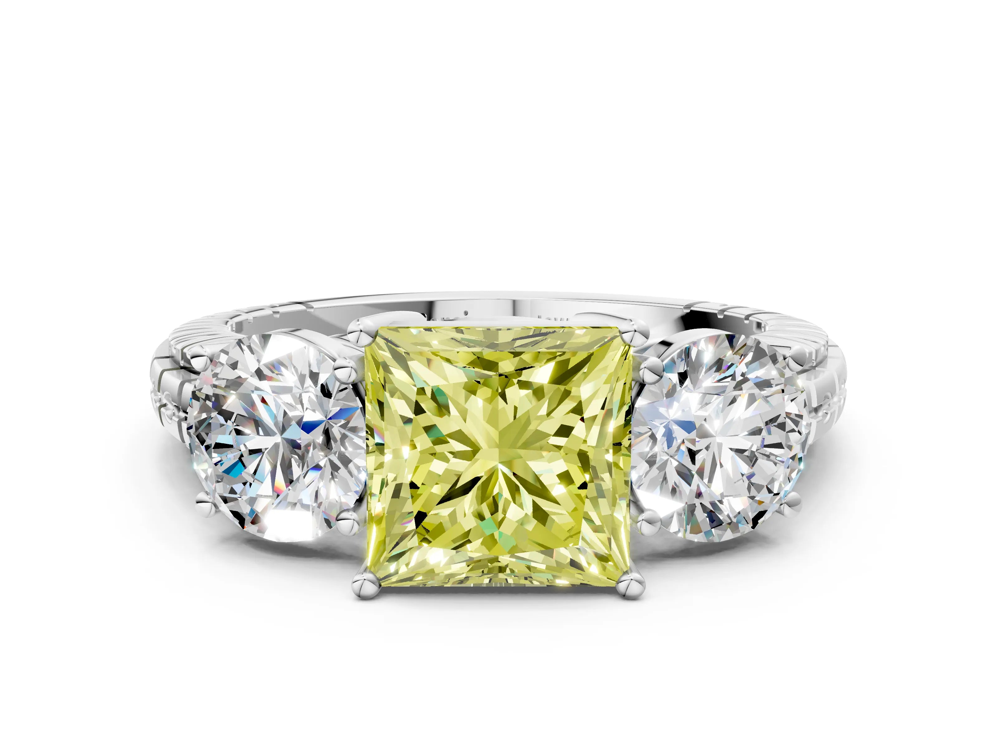 White gold Three-Stone Fancy Yellow Princess Cut Cut Diamond Ring with Channel-Set Band and Prong Setting