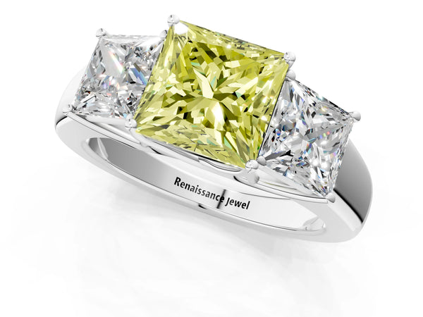 White gold Three-Stone Fancy Yellow Princess Cut Cut Diamond Ring with Prong Setting and Classic Band