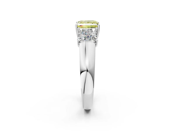 White gold Three-Stone Fancy Yellow Princess Cut Cut Diamond Ring with Prong Setting and Classic Band
