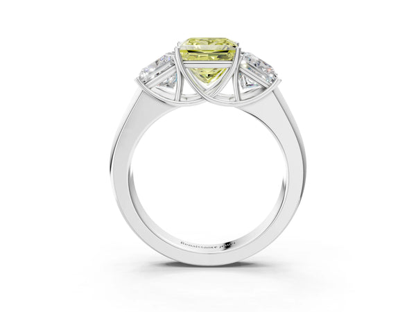 White gold Three-Stone Fancy Yellow Princess Cut Cut Diamond Ring with Prong Setting and Classic Band