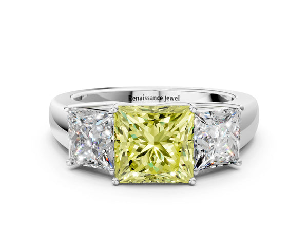 White gold Three-Stone Fancy Yellow Princess Cut Cut Diamond Ring with Prong Setting and Classic Band