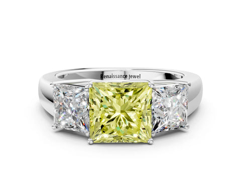 White gold Three-Stone Fancy Yellow Princess Cut Cut Diamond Ring with Prong Setting and Classic Band